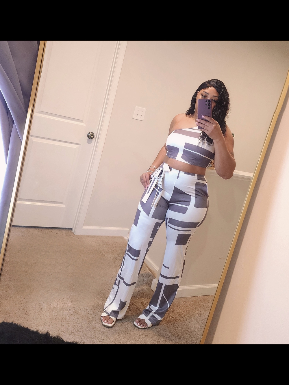Abstract Print High-Waist Wide-Leg Pants Set - White & Gray